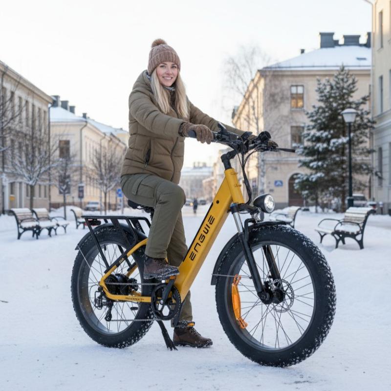 Engwe E26 sähköpyörä Suomen talviympäristössä kuvattuna.