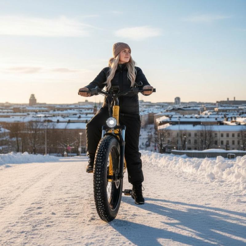 Engwe E26 sähköpyörä Suomen talviympäristössä kuvattuna.